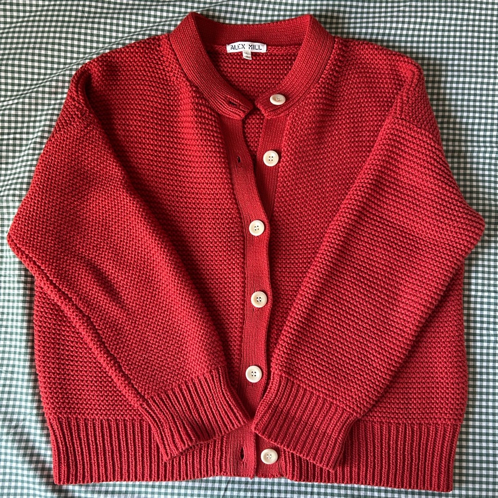 Alex Mill Nico Cardigan, berry red cotton knit